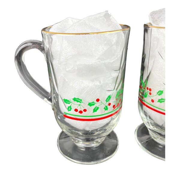 Vintage Libbey Glassware Set of 2 Glass Christmas Mugs With Holly Decor-Gold Rim - Picture 2 of 11